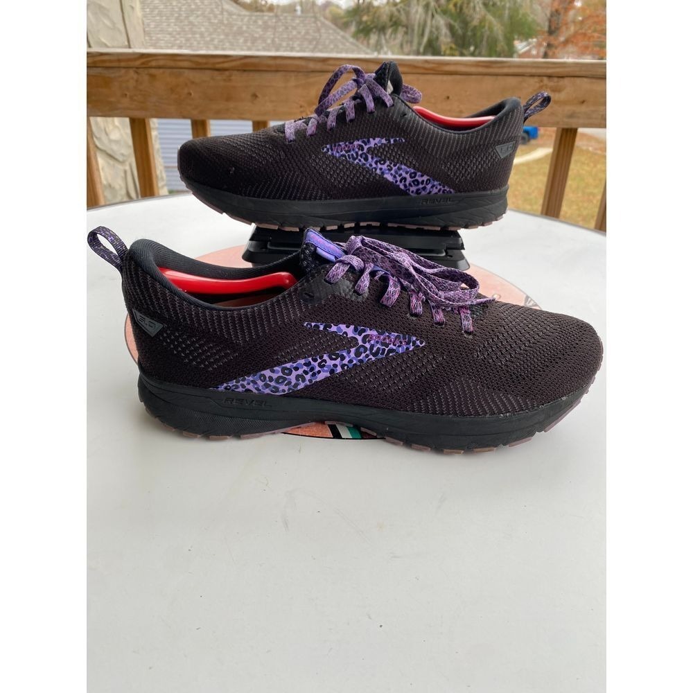 Brooks Revel 5 Running Shoes Black Purple Ebony Cheetah Print Womens 12 Sneaker